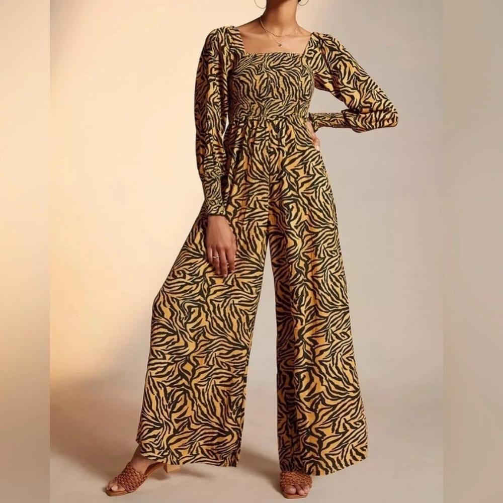 Kachel x Anthropologie NEW Tiger-Striped Jumpsuit Orange Black 10 Wide Leg Smock